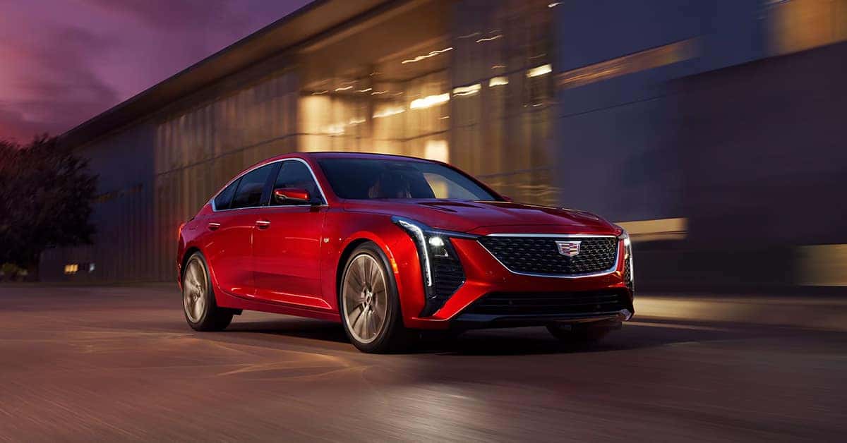 A red 2025 Cadillac CT5 on the road