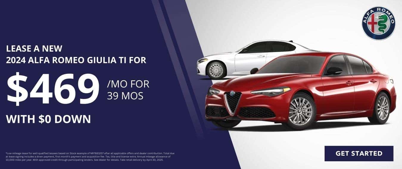 Lease a New 2025 Alfa Romeo Giulia for $469 /mo at Step One Alfa Romeo Pensacola in Pensacola, FL. Select the image to view matching inventory.