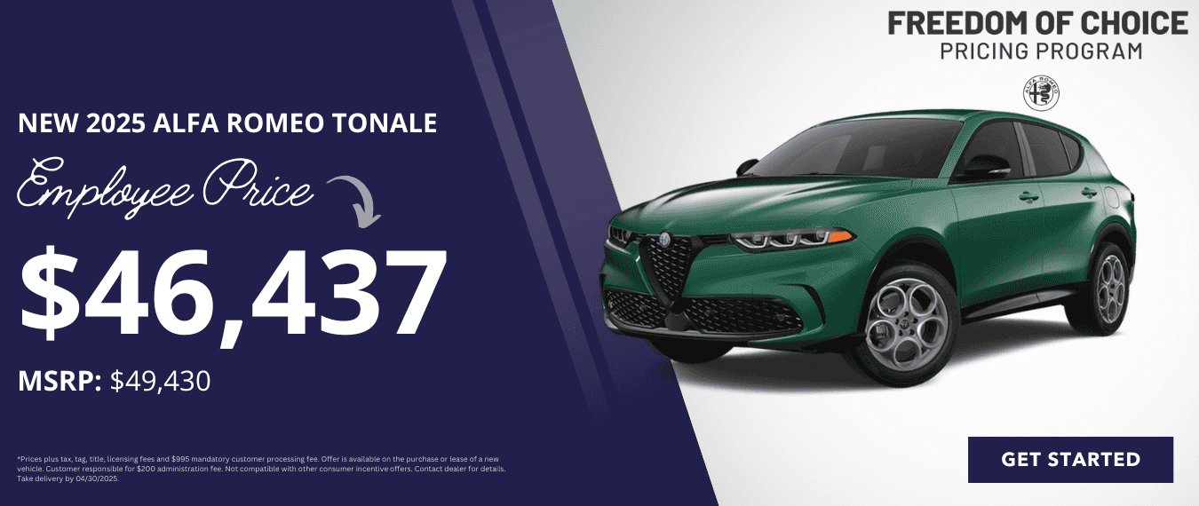 Buy a New 2025 Alfa Romeo Tonale at Employee Price at Step One Alfa Romeo Pensacola in Pensacola, FL. Select the image to view inventory.