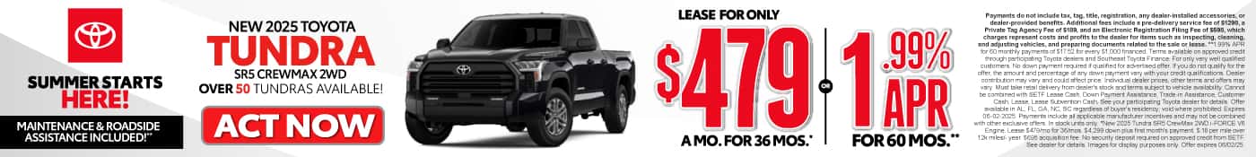 New 2025 Toyota Tundra lease for only $479/month or 1.99% APR – Shop Now!