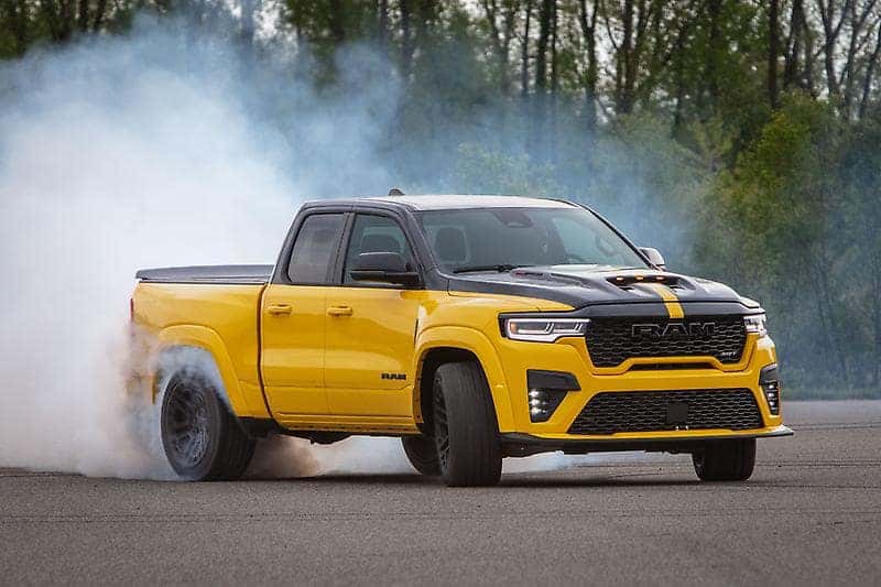2027 Ram 1500 Rumble Bee SRT in yellow with black bumblebee stripe.