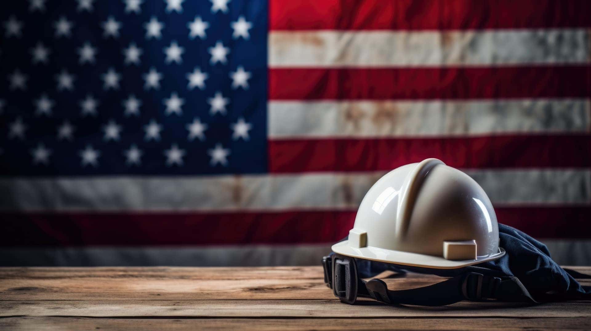 A 3D render of a worker's/engineer's helmet on a wooden table, with the American flag in the background, celebrating Labor Day