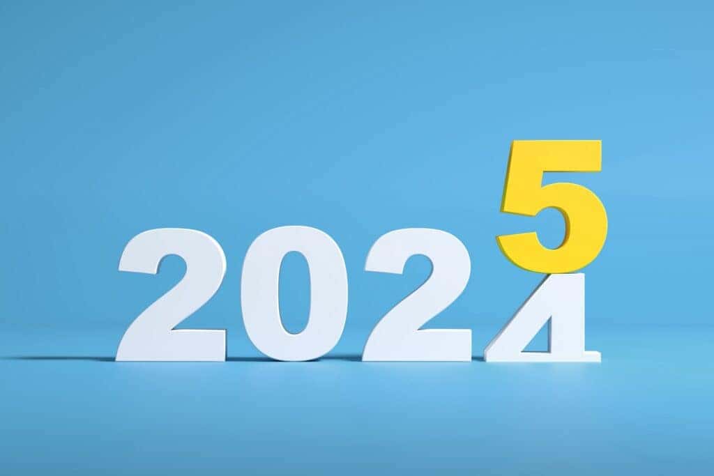 New year 2025 countdown concept. 2025 year numbers on blue background with copy space. 3D render.