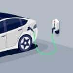 Electric car charging in underground garage plugged to home charger station. Battery EV vehicle standing parking lot connected to wall box. Vector illustration being charged with power supply socket.