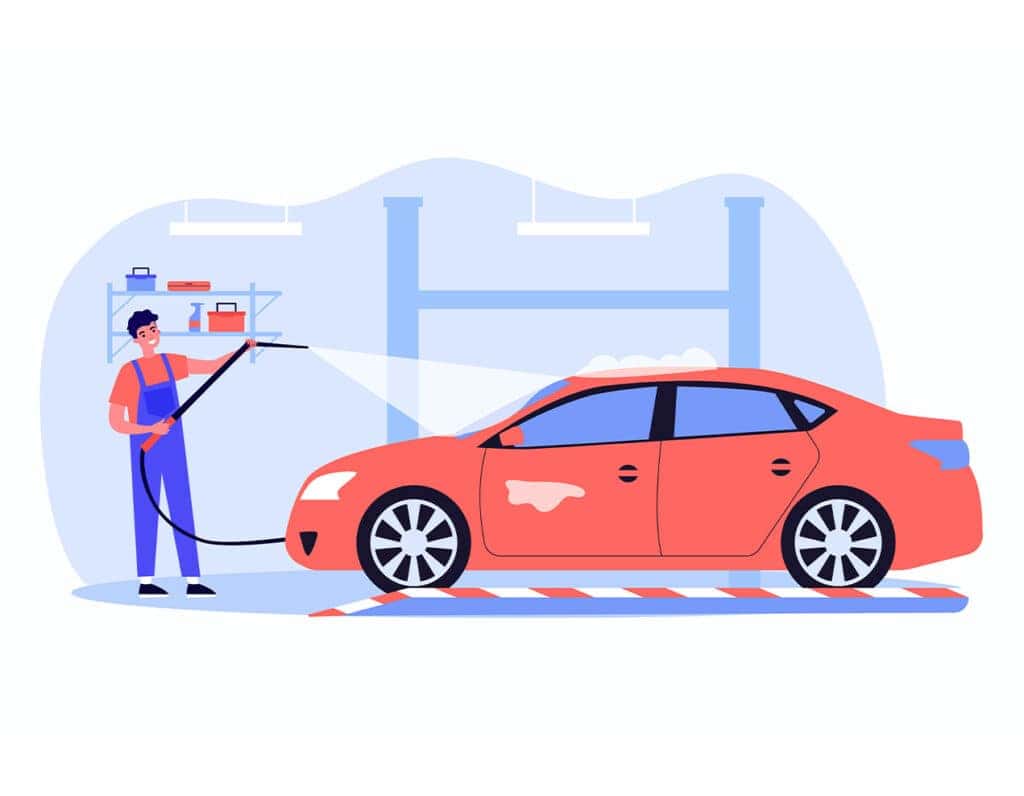 Tips for spring cleaning your car at CMA's Toyota of Martinsburg in Martinsburg, WV | Illustration of person washing his red car with a hose