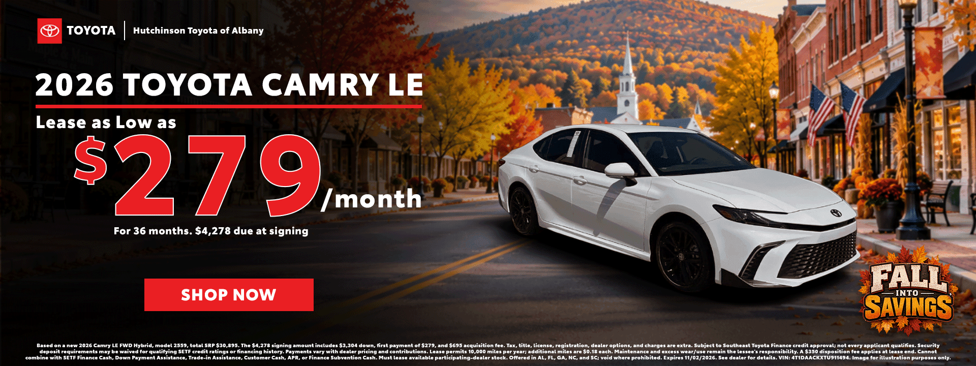 2026 Toyota Camry LE at Hutchinson Toyota of Albany: lease as low as $279/month for 36 months with $4,278 due at signing