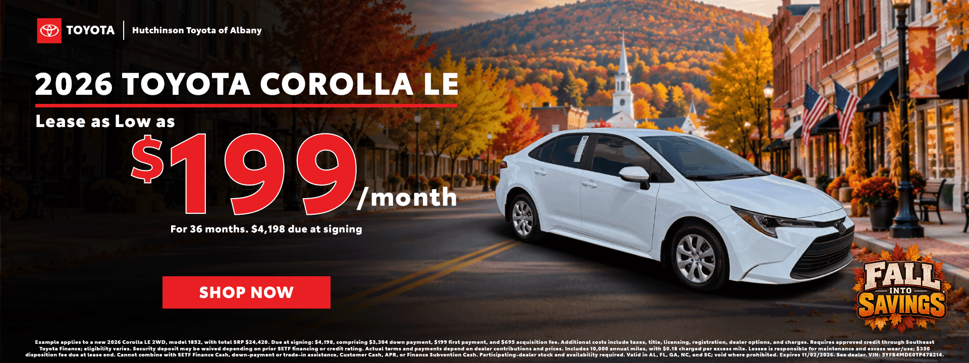 2026 Toyota Corolla LE at Hutchinson Toyota of Albany: lease as low as $199/month for 36 months with $4,198 due at signing