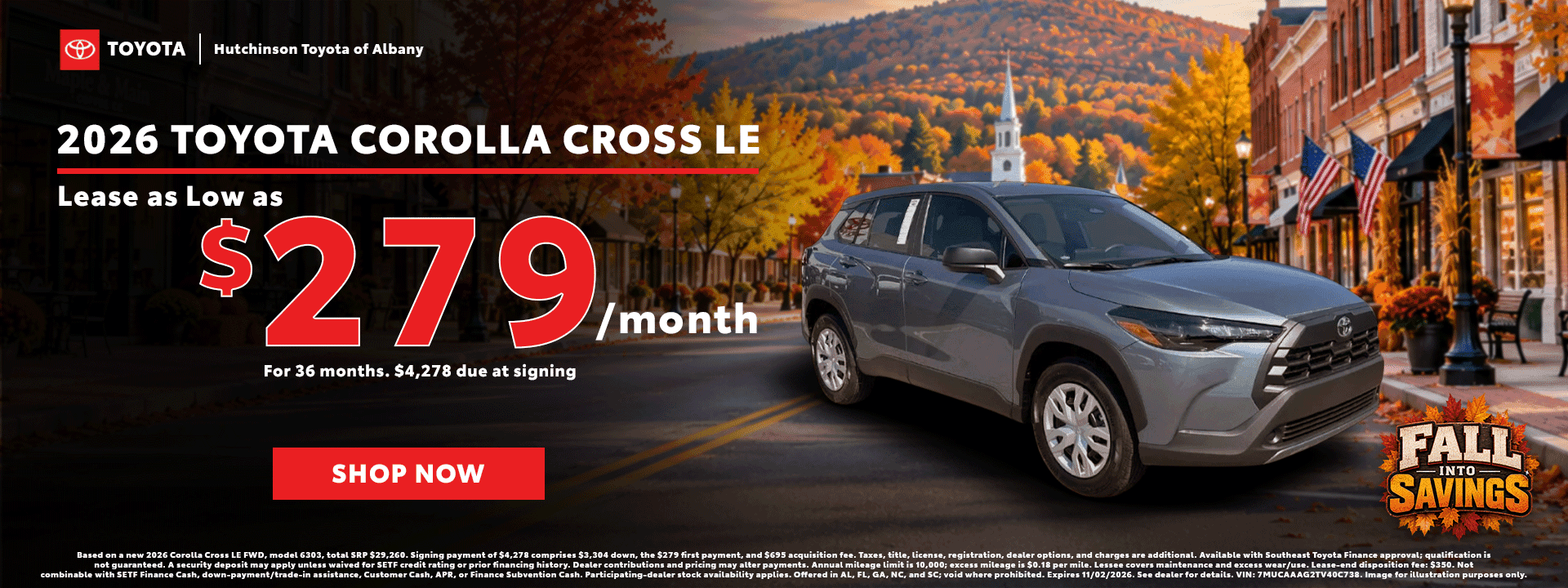 2026 Toyota Corolla Cross LE at Hutchinson Toyota of Albany: lease as low as $279/month for 36 months with $4,278 due at signing