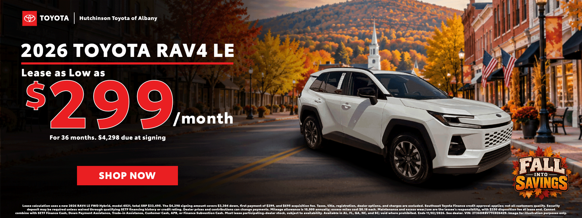 2026 Toyota RAV4 LE at Hutchinson Toyota of Albany: lease as low as $299/month for 36 months with $4,298 due at signing