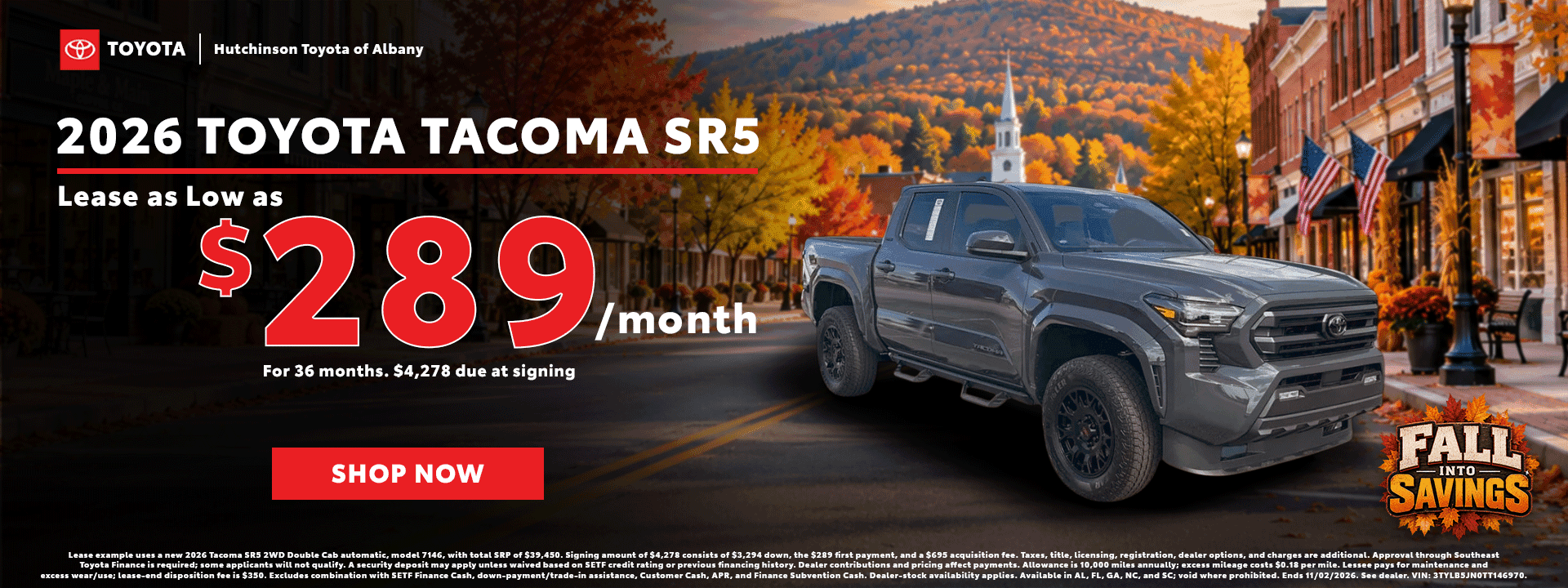 2026 Toyota Tacoma SR5 at Hutchinson Toyota of Albany: lease as low as $289/month for 36 months with $4,278 due at signing