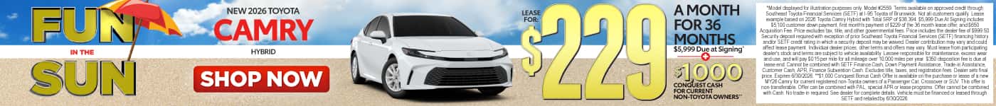 New 2026 Toyota Camry Hybrid Lease for $229 for 36 Months $5,999 Due at Signing PLUS $1,000 Conquest Cash for Current Non-Toyota Owners**