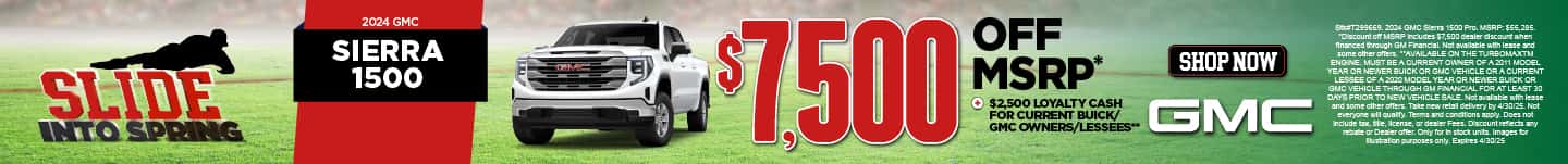 2024 GMC Sierra 1500 $7,500 off MSRP* + $2,500 Loyalty Cash for current Buick/ GMC owners/leasees**
