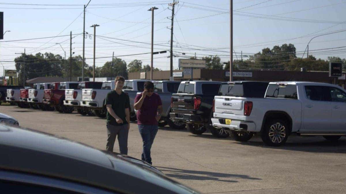Pre-owned GMC Sierra pickups on the lot at Jim Taylor Buick GMC in Monroe, Louisiana