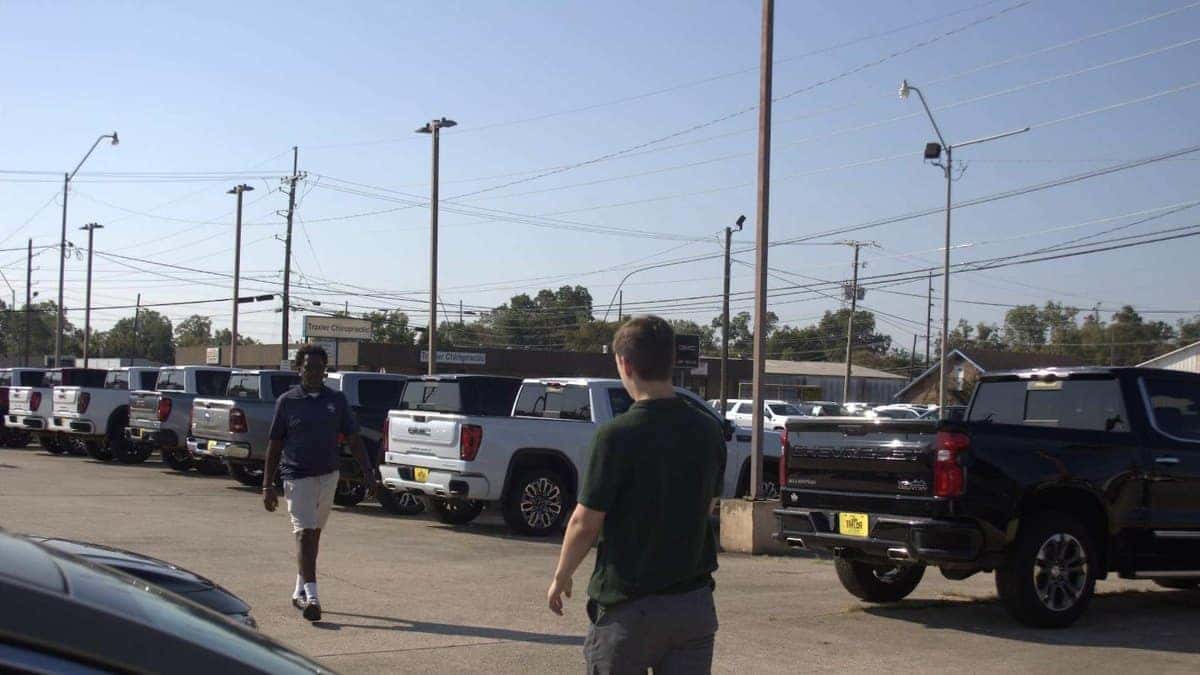 Used GMC and Chevrolet pickups on the lot at Jim Taylor Buick GMC in Monroe, Louisiana