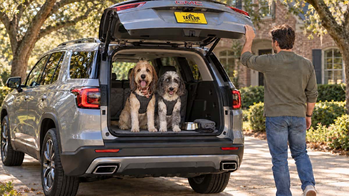 Illustration: two doodle dogs in travel harnesses sit on a cargo liner in the back of a GMC Acadia with the liftgate open in a Monroe driveway