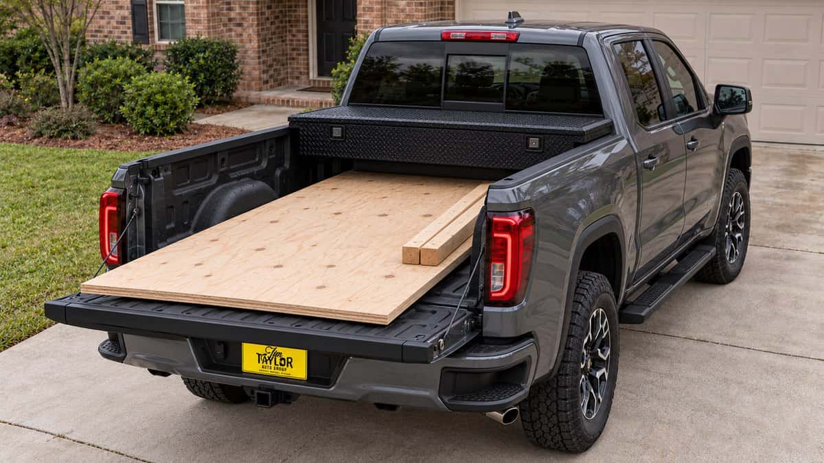 Illustration: a GMC Sierra in a driveway with a 4x8 sheet of plywood and lumber in the bed and the tailgate down