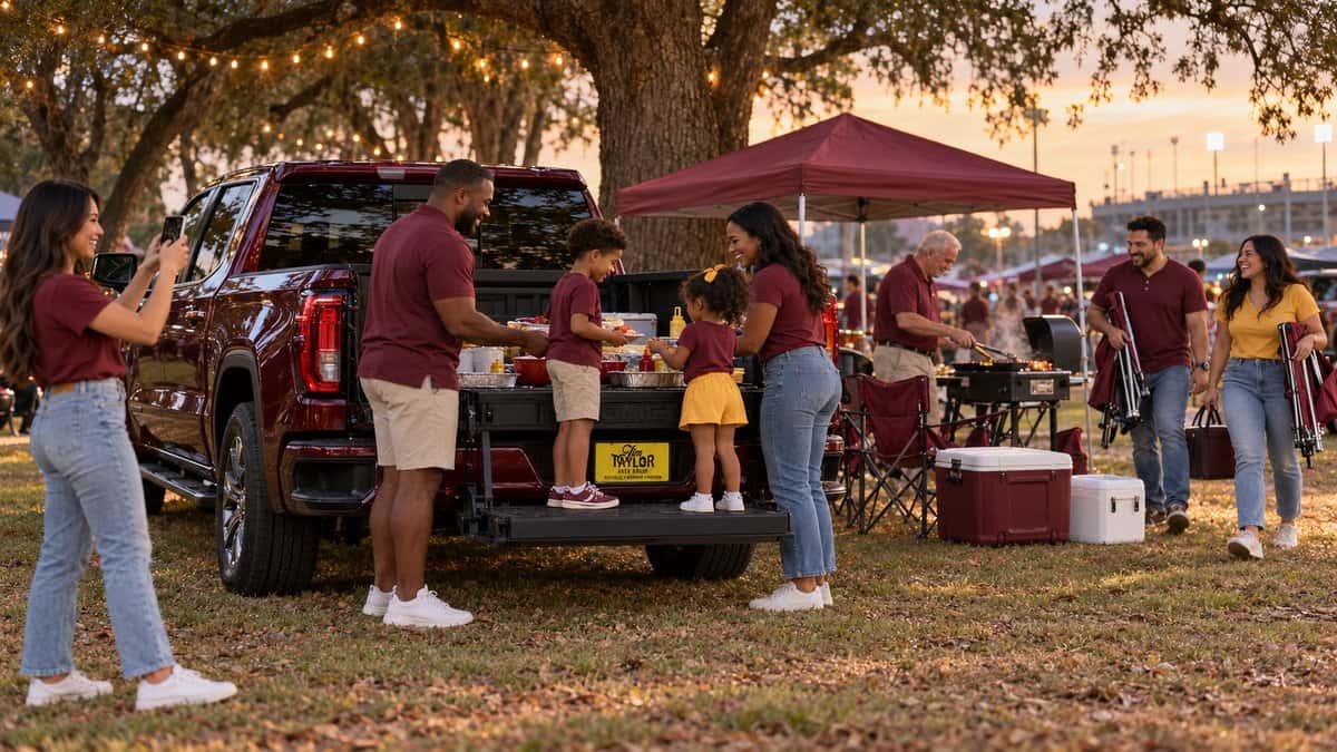 Illustration: a family sets out food on a pickup truck tailgate under pecan trees and string lights while friends carry chairs and cook at a college football tailgate