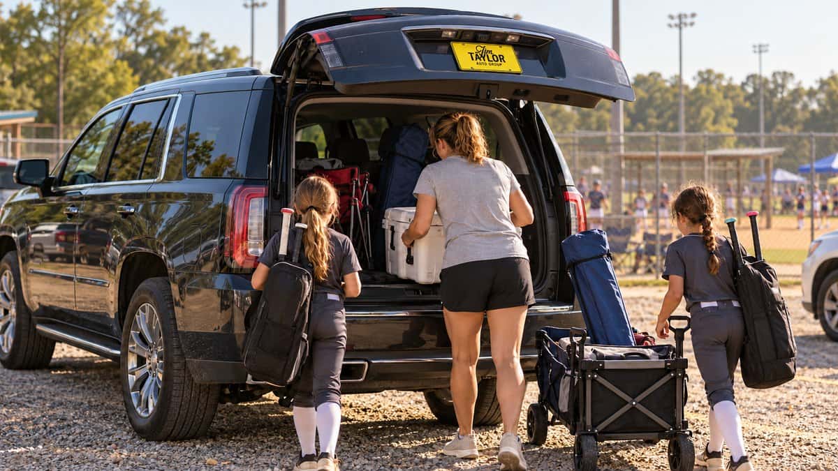 Illustration: a mom and two softball players unloading bat bags, chairs and a cooler from a GMC Yukon at a tournament