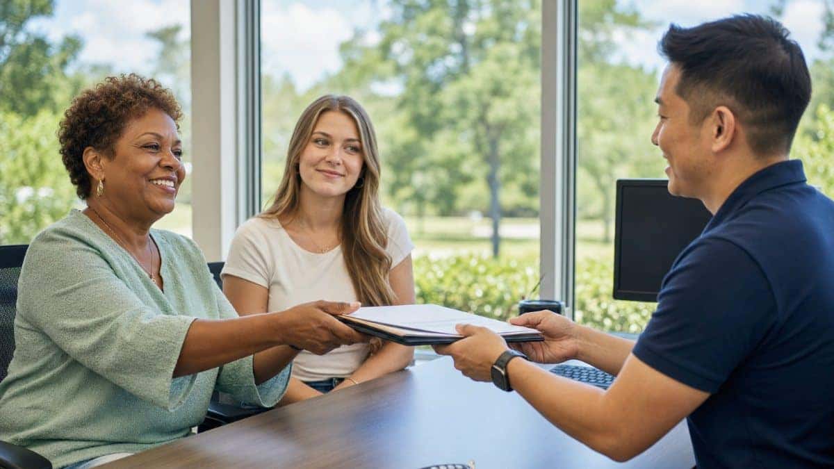 Illustration: a customer hands her trade-in paperwork and key fob to a dealership employee while a younger woman looks on