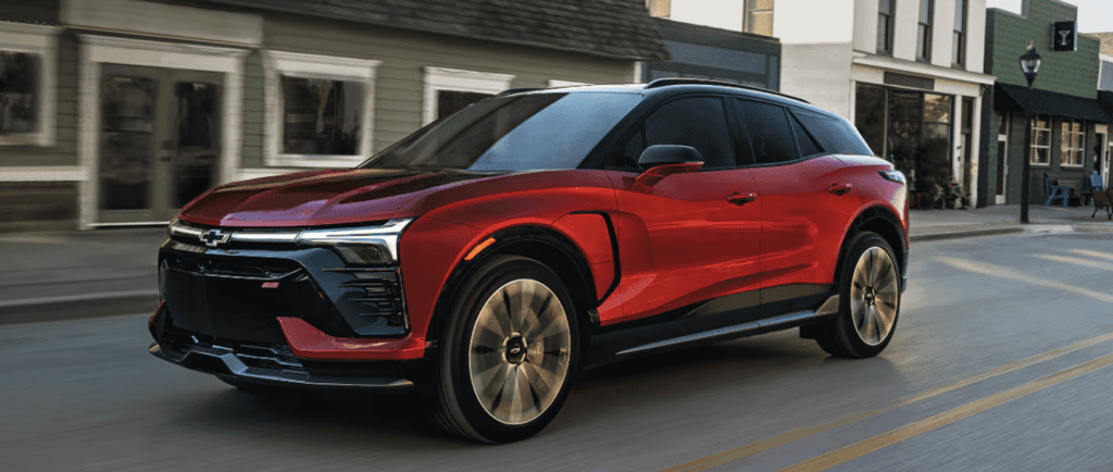 2026 Chevrolet Blazer EV in red running on city street