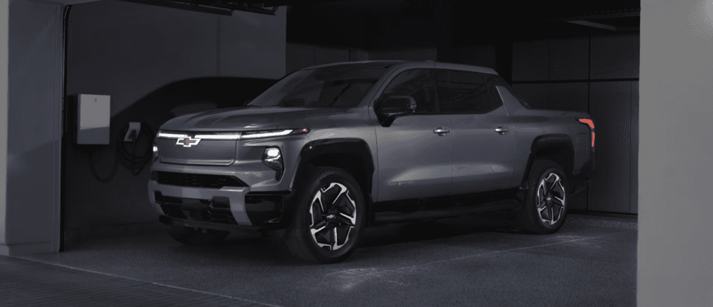 2026 Chevrolet Silverado EV charging in a garage