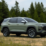 Green 2026 Chevrolet Equinox SUV parked on a rugged trail surrounded by pine trees