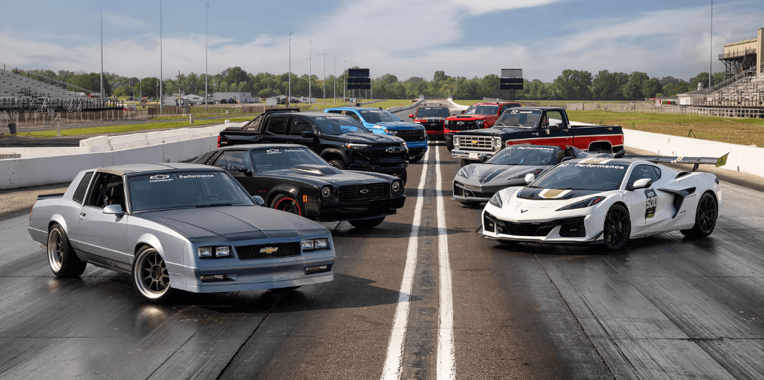 Chevrolet Performance vehicle lineup displayed on a racetrack