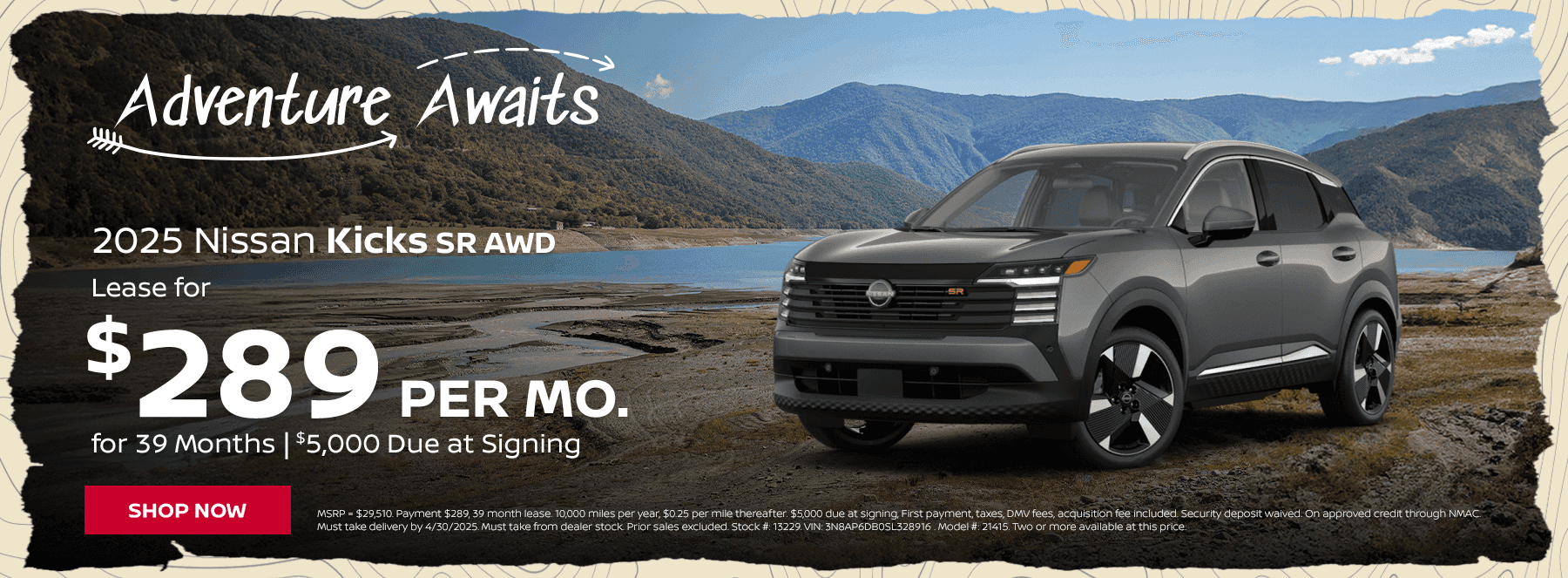 2025 Kicks SR AWD Lease special Lease for $289/mo, $5,000 due at signing