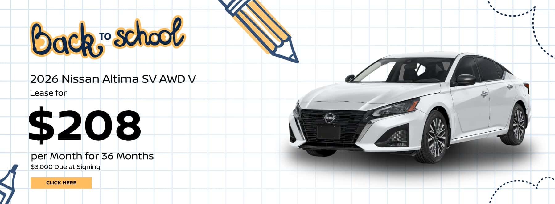 2026 Nissan Altima SV AWD V Lease for $208 per Month for 36 Months $3,000 Due at Signing