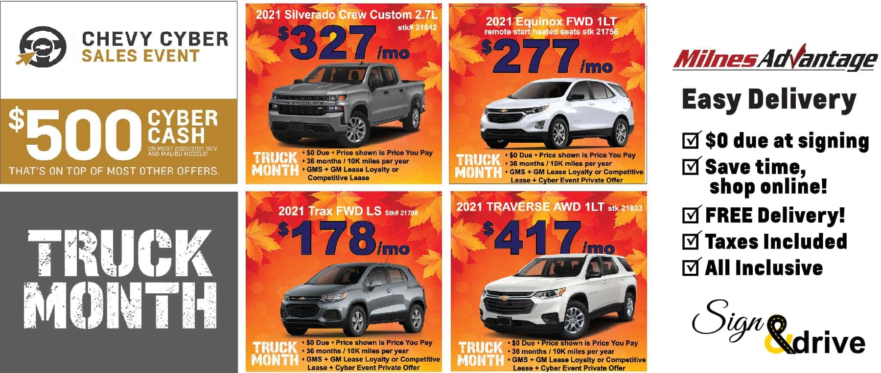 Truck Month! Cyber Cash! November 2020 Lease Specials! Milnes Chevrolet