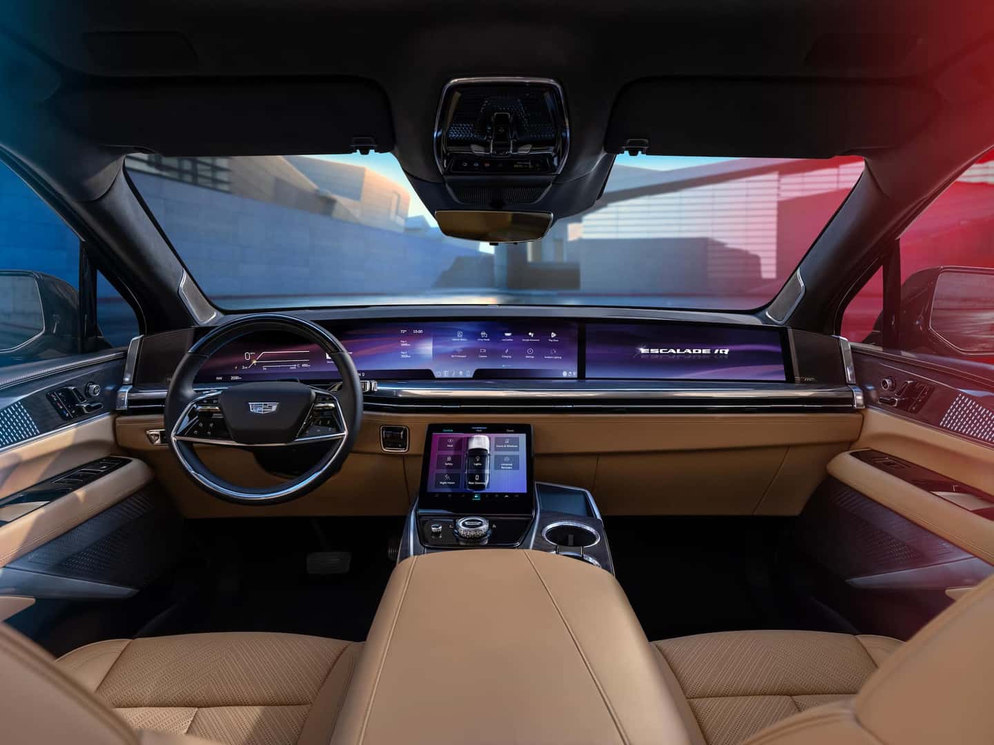 the view of the 55-inch curve display from the executive second of the cadillac escalade iq