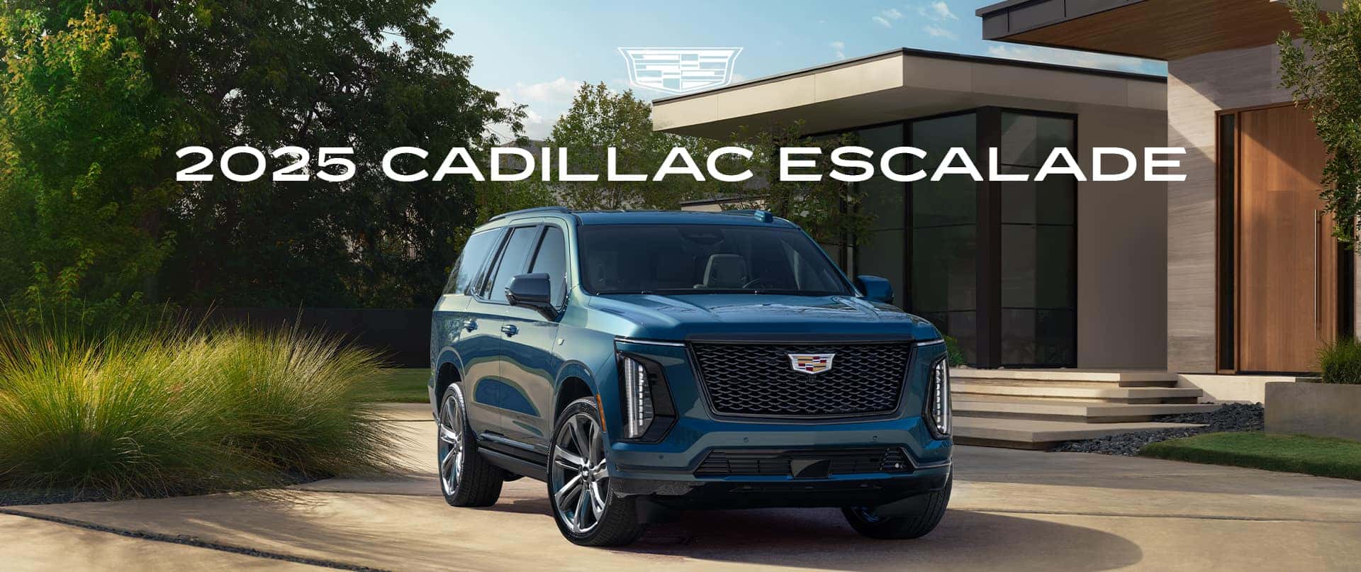 Bold and sophisticated 2025 Cadillac Escalade showcased in a striking banner image, highlighting its iconic grille, sleek design, and powerful presence.