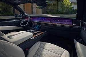Elegant ambient lighting enhances the Escalade’s interior, creating a sophisticated and inviting atmosphere.