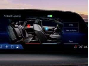 Interior view showcasing the 2025 Cadillac CT5-V’s customizable 126-color ambient lighting, illuminating the cabin with a personalized, premium glow.