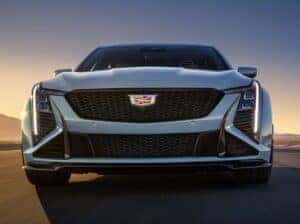Close-up of the 2025 Cadillac CT5-V grille, featuring a bold, performance-oriented design with sleek lines and an aggressive front fascia that embodies the vehicle's high-performance capabilities.