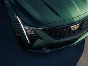Close-up of the 2025 Cadillac CT5-V headlights, featuring sleek, signature LED lighting that enhances the vehicle's aggressive, high-performance front design.