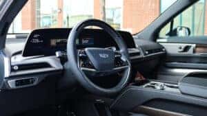 Close-up view of the 2026 Cadillac Vistiq command center featuring a sleek digital display and intuitive controls