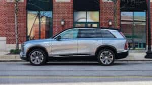 Detail view of the 2026 Cadillac Vistiq showcasing sporty exterior accents, including bold trim elements and aerodynamic styling features