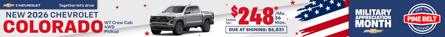 2026 Chevrolet Colorado lease for $248 per month for 36 months with $6,831 due at signing