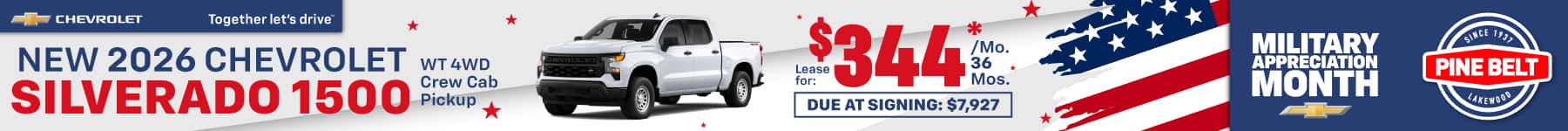 2026 Chevrolet Silverado lease for $344 per month for 36 months with $7,927 due at signing