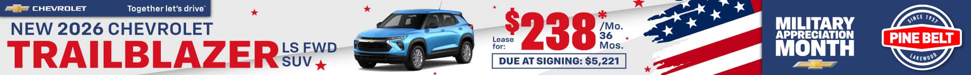 2026 Chevrolet Trailblazer lease for $238 per month for 36 months with $5,221 due at signing