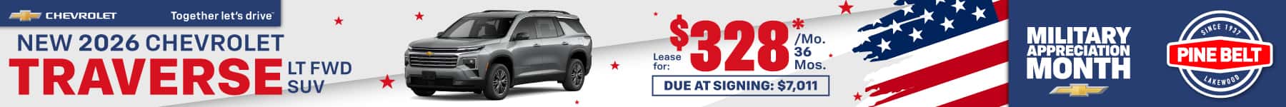 2026 Chevrolet Traverse lease for $328 per month for 36 months with $7,011 due at signing