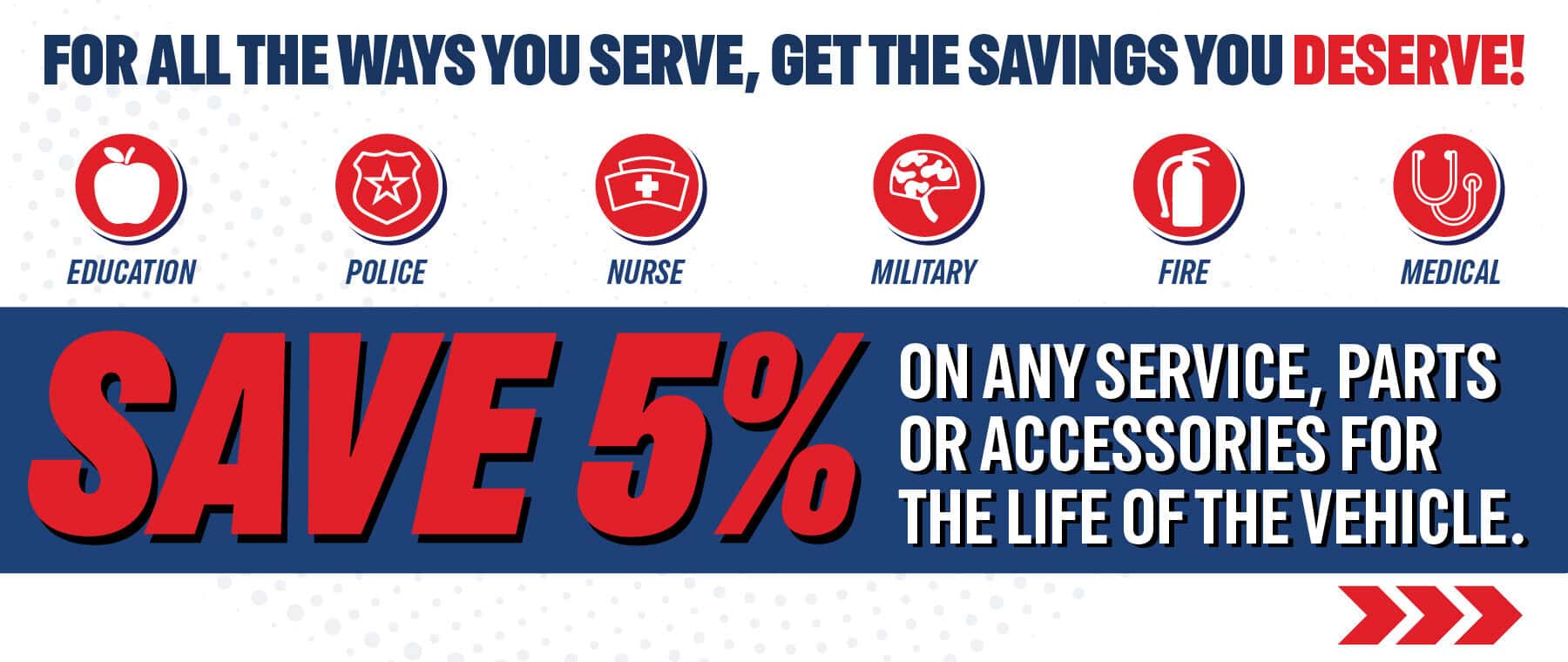For all the ways you serve, get the savings you deserve. Save 5 % on any service, parts or accessories for the life of the vehicle.