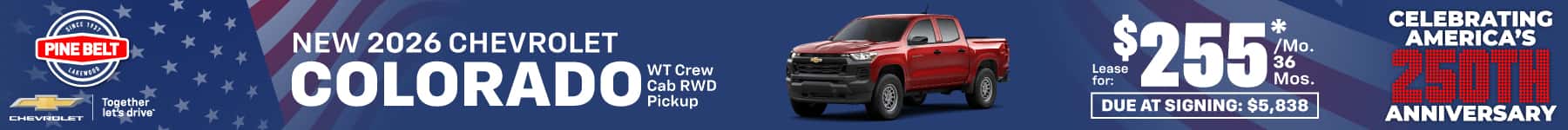 2026 Chevrolet Colorado lease for $255 per month for 36 months with $5,838 due at signing