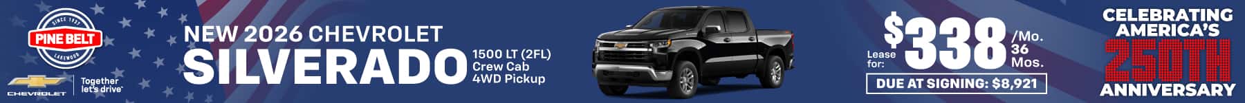 2026 Chevrolet Silverado lease for $338 per month for 36 months with $8,921 due at signing