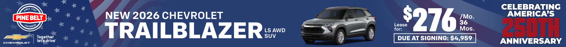2026 Chevrolet Trailblazer lease for $276 per month for 36 months with $4,959 due at signing