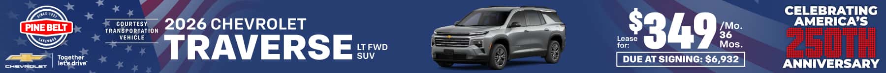 2026 Chevrolet Traverse lease for $349 per month for 36 months with $6,932 due at signing