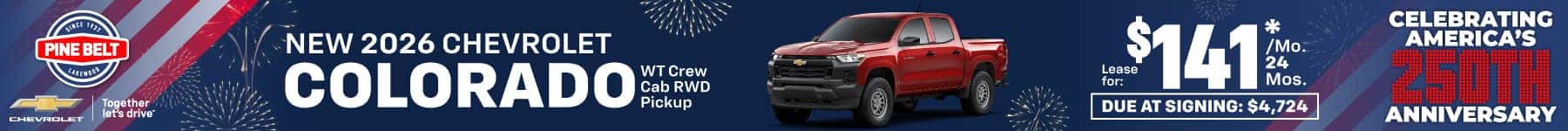 2026 Chevrolet Colorado lease for $141 per month for 24 months with $4,724 due at signing