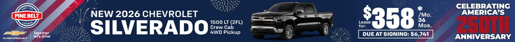 2026 Chevrolet Silverado lease for $358 per month for 36 months with $6,741 due at signing