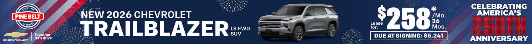 2026 Chevrolet Trailblazer lease for $258 per month for 36 months with $5,241 due at signing